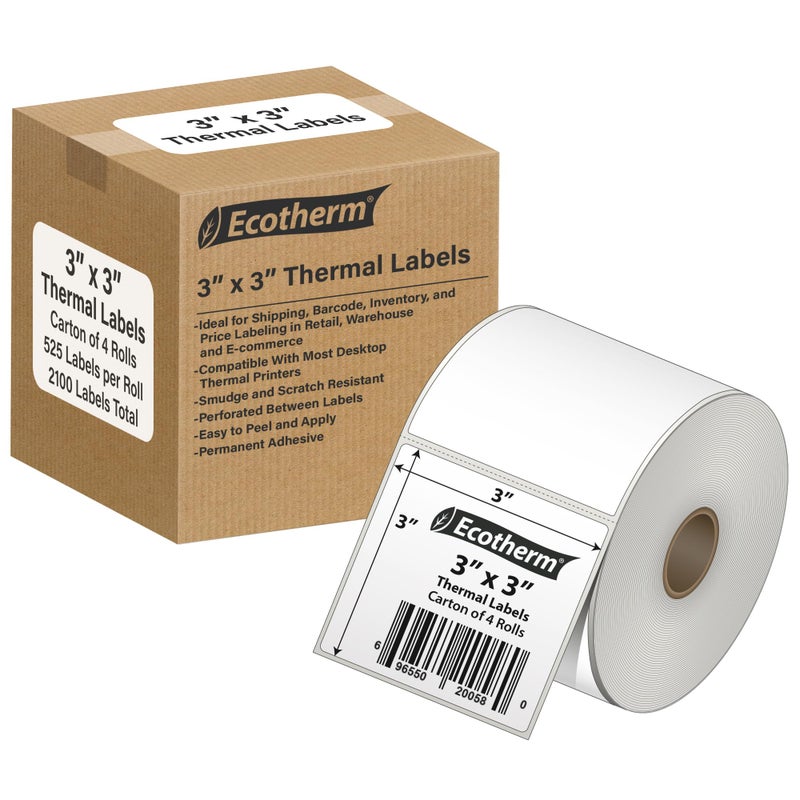 Ecotherm ملصقات حرارية مقاس 3 بوصة × 3 بوصة | 4 رول | 2100 علامة | تناسب طابعات Zebra وMunbyn وRolo وGodex وArkscan وiDPRT وOffnova والمزيد | ملصقات لاصقة بيضاء فارغة من إيكوثيرم - Image 1